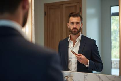 Homme en blazer navy se coiffant la barbe dans une salle moderne
