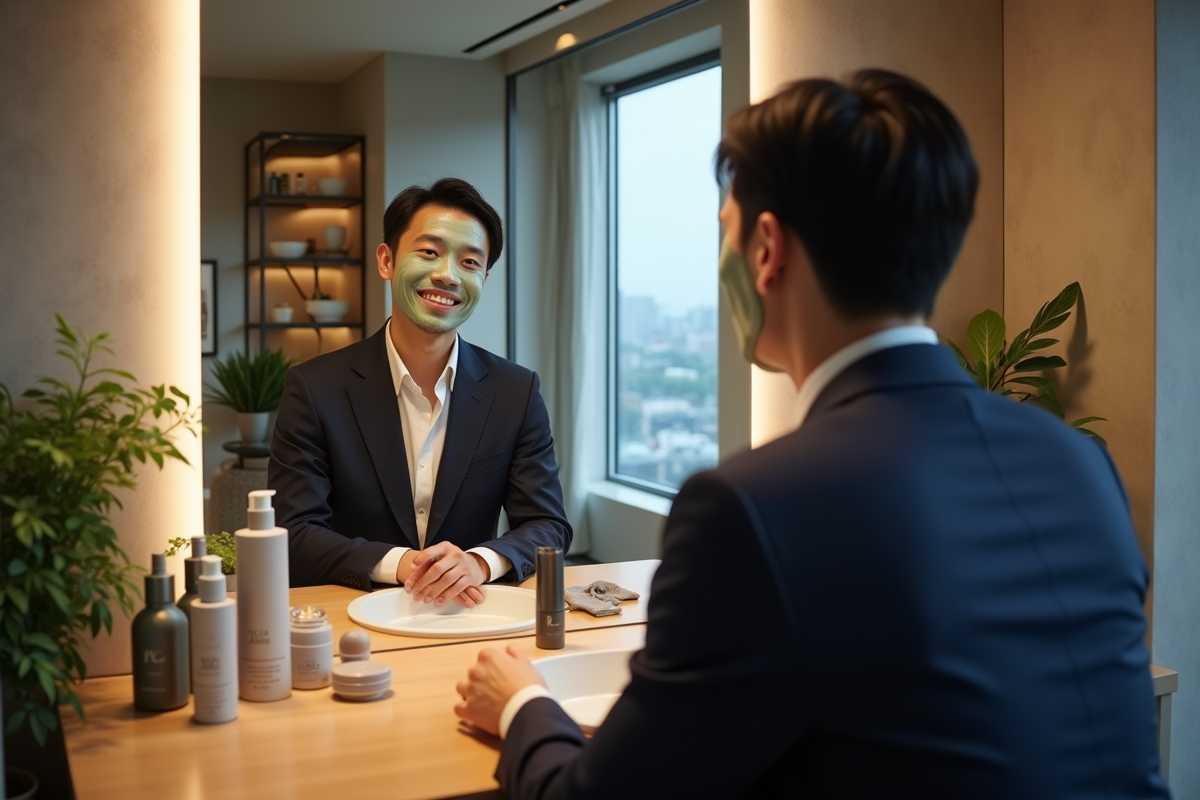 Jeune homme applique un masque facial dans un appartement tokyo