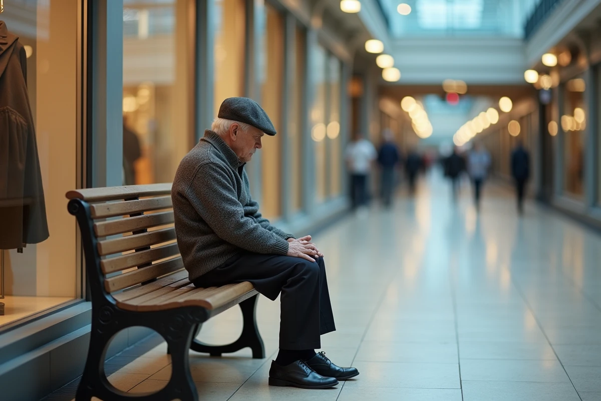 Homme âgé assis seul dans un centre commercial