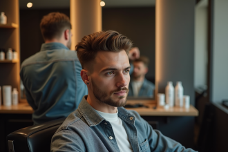 Jeune homme coiffé classique dans un salon de coiffure