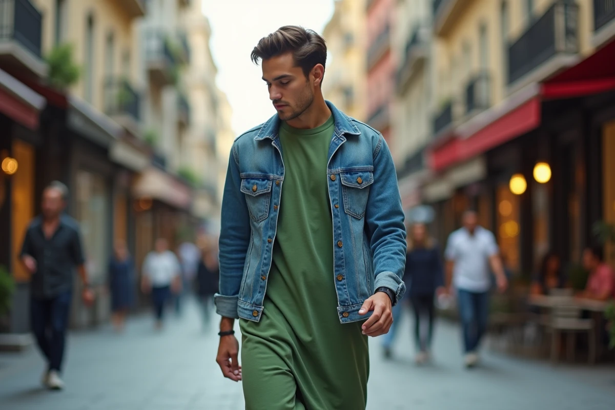 Jeune homme en robe verte dans une rue animée de la ville