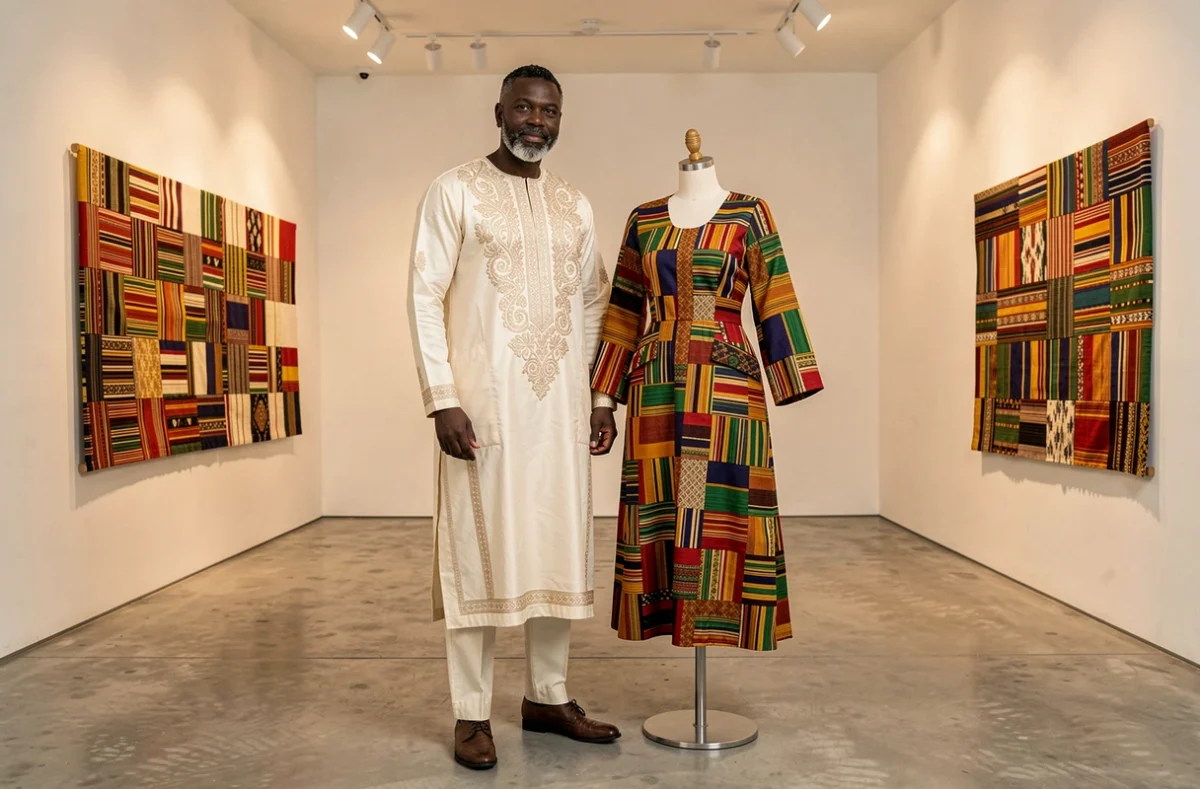 Créateur Imane Ayissi présentant une création en tissus africains dans son atelier de couture parisien