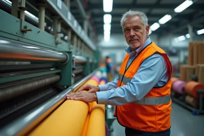 Ingénieur textile inspectant des rouleaux de tissu colorés