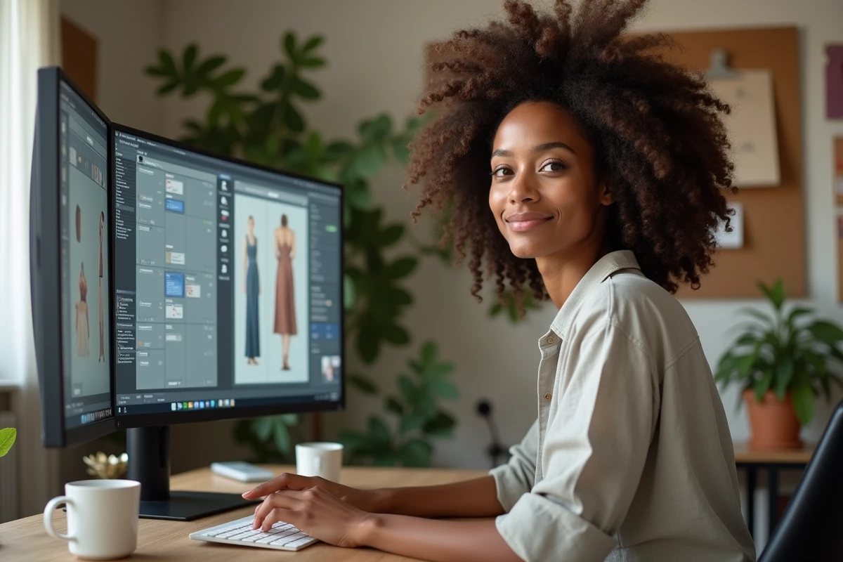 Femme intégrant des fichiers CLO dans un pipeline 3D depuis son bureau à domicile avec un écran ultrawide