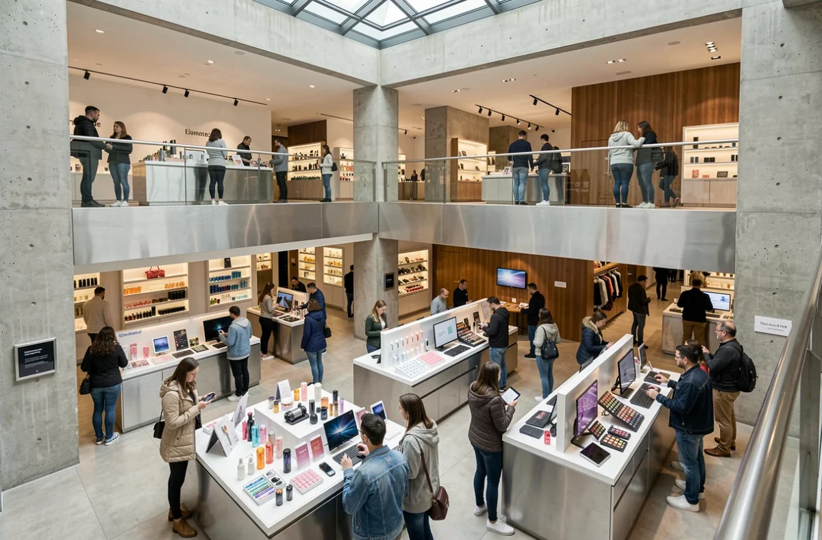 Intérieur animé d'un grand magasin concept store sur les Champs-Élysées avec clients et présentoirs modernes