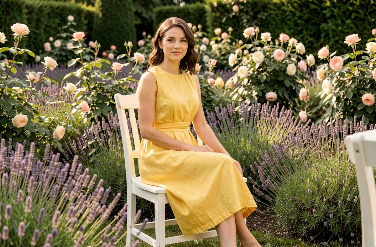 Invitée de mariage en robe jaune en lin assise dans un jardin fleuri lors d'une réception en plein air