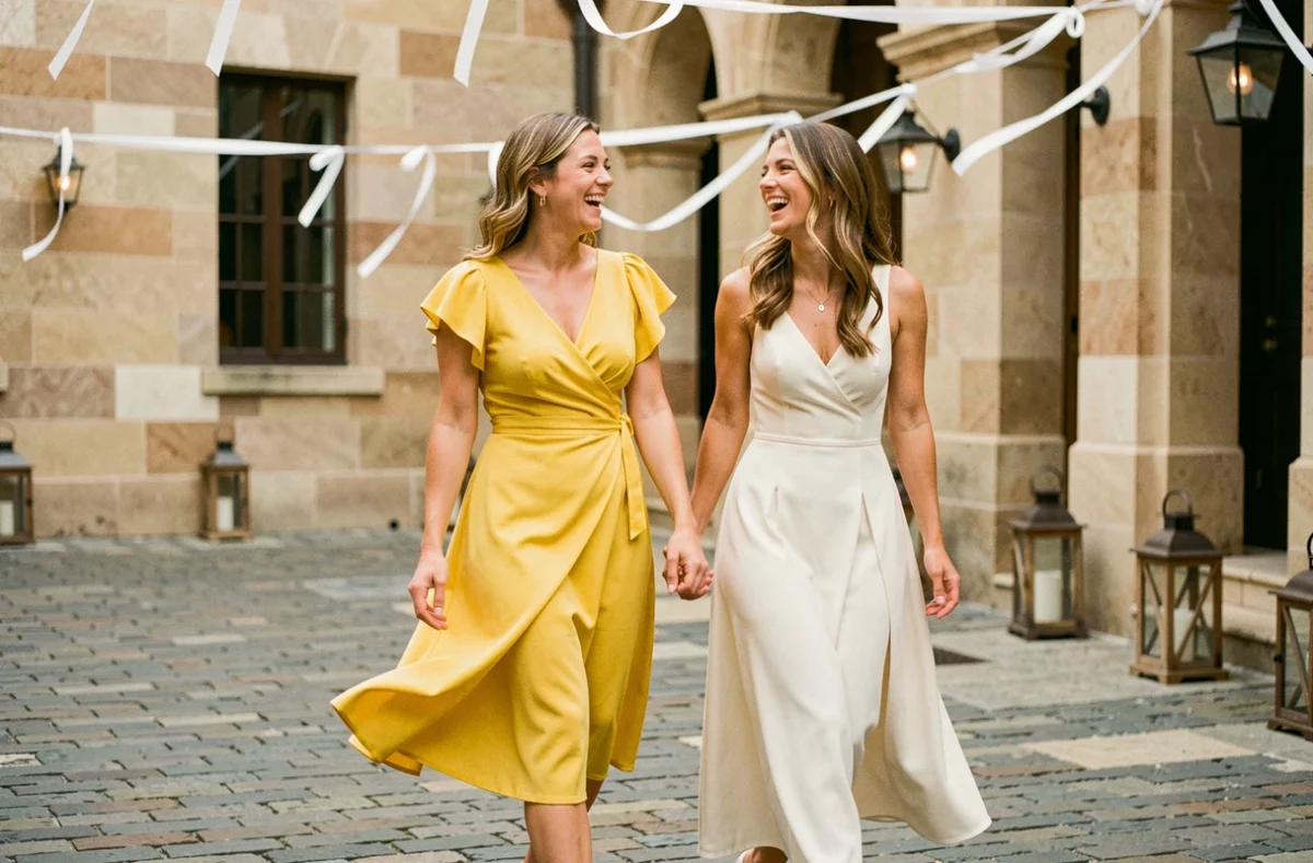 Deux invitées de mariage dont une en robe jaune se promenant et riant dans une cour pavée décorée