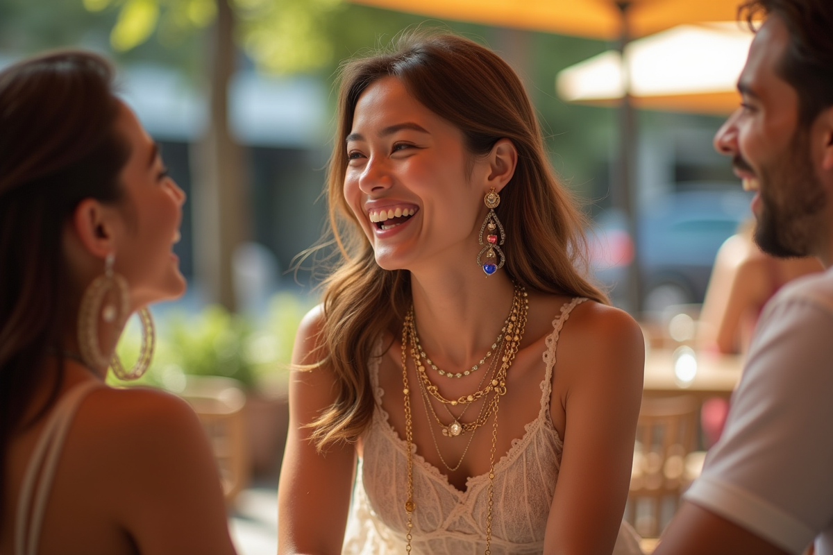 Jeune femme souriante avec bijoux colorés en extérieur