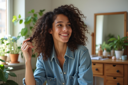 Jeune femme aux cheveux crépus examine ses cheveux dans sa chambre lumineuse