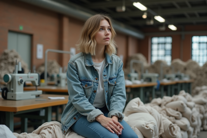 Jeune femme en usine de textile contemplant les déchets
