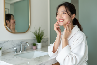 Jeune femme koreenne appliquant un serum visage dans sa salle de bain