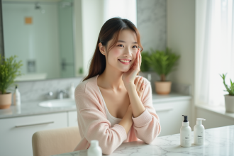 Jeune femme koreenne souriante en soin visage dans salle lumineuse