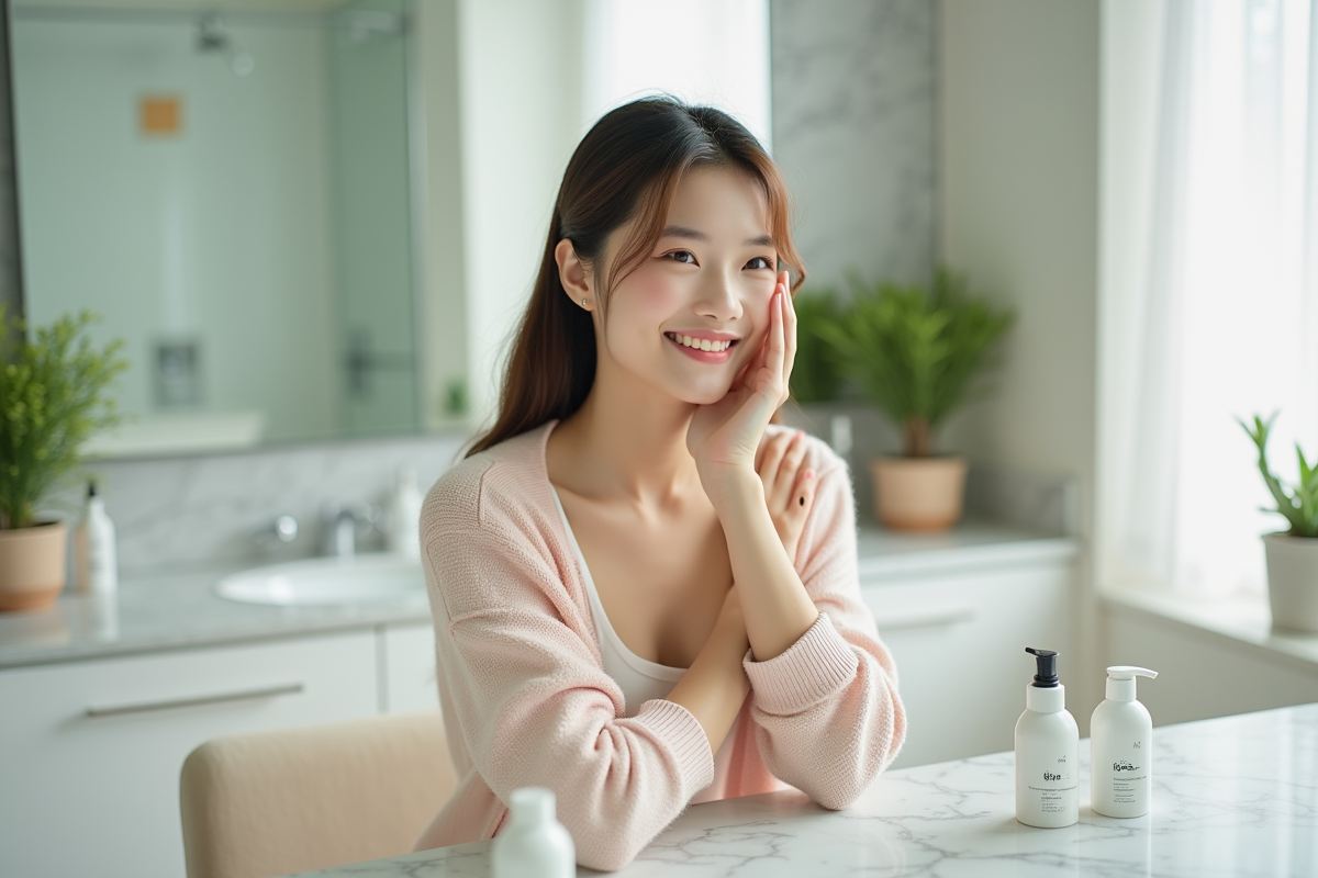 Jeune femme koreenne souriante en soin visage dans salle lumineuse