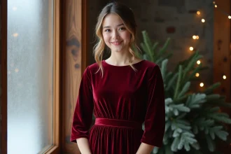 Jeune femme en robe de demoiselle d'honneur en velours rouge