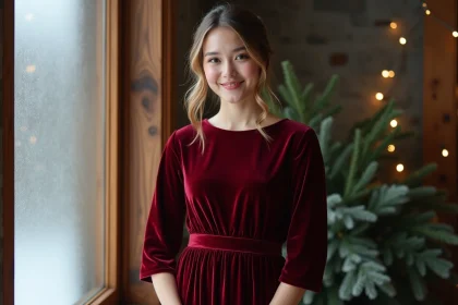 Jeune femme en robe de demoiselle d'honneur en velours rouge