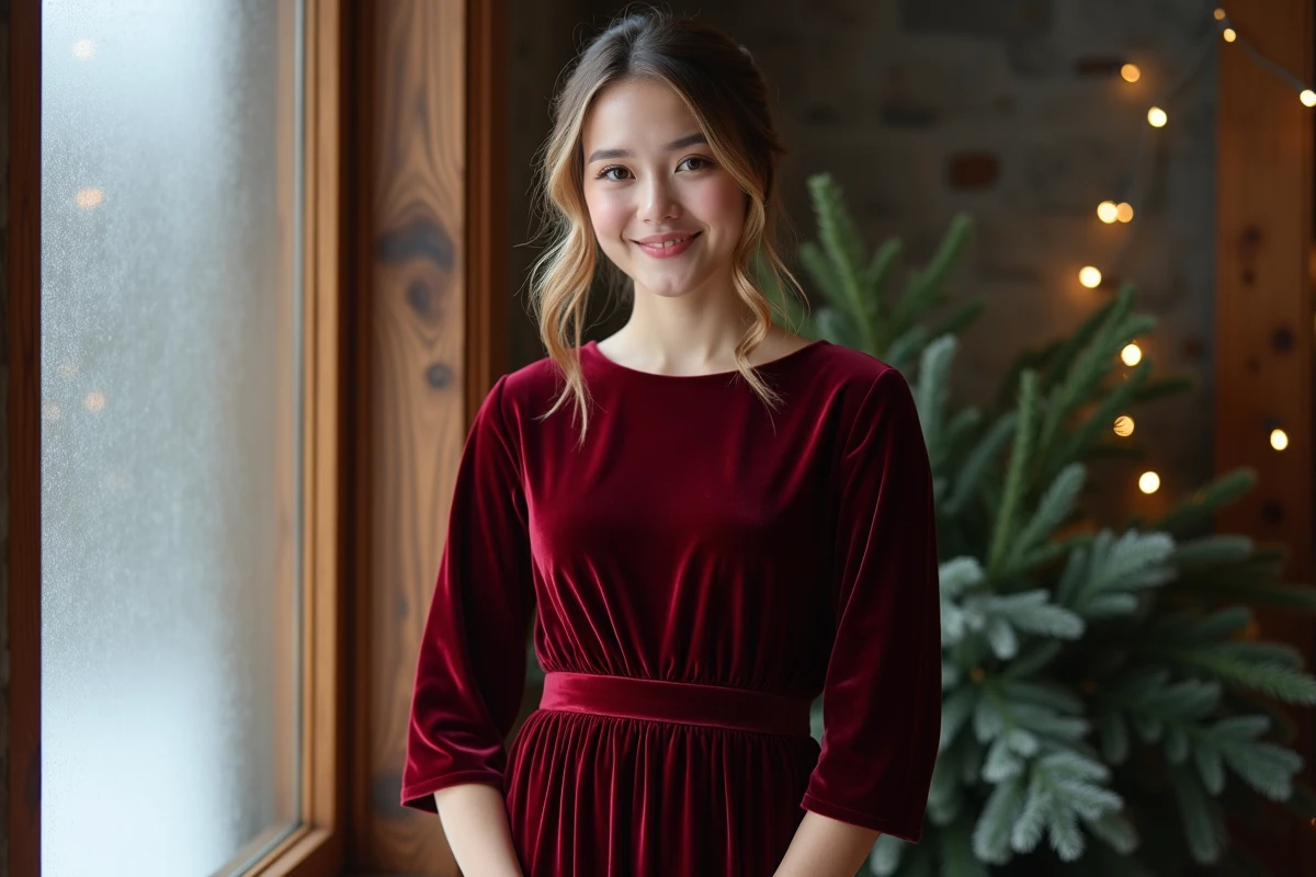 Jeune femme en robe de demoiselle d'honneur en velours rouge