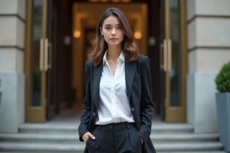 Jeune femme confiante devant un bâtiment urbain