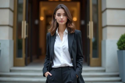 Jeune femme confiante devant un bâtiment urbain
