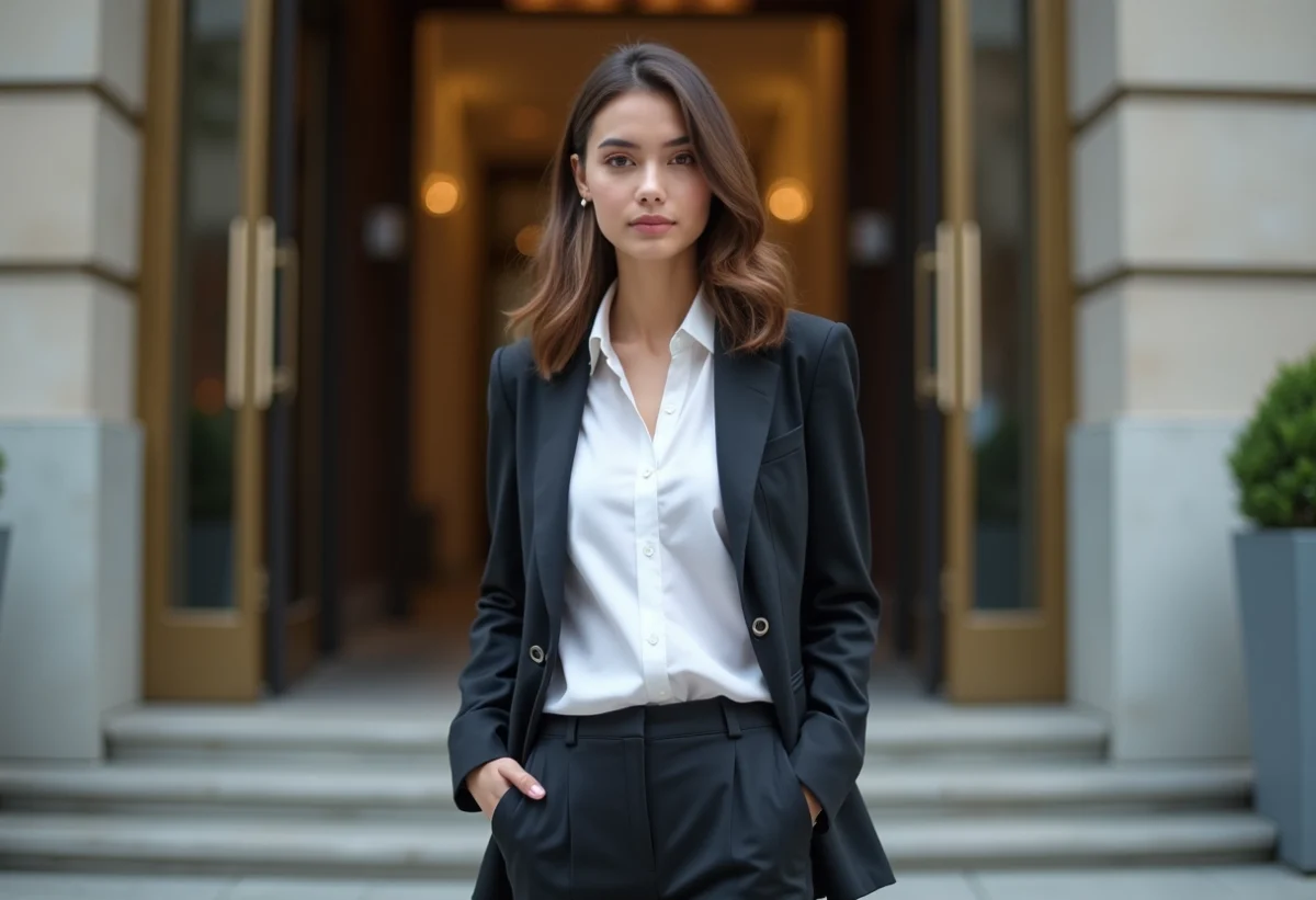 Jeune femme confiante devant un bâtiment urbain
