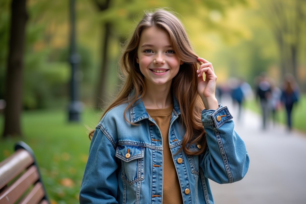 Adolescente avec cheveux longs dans un parc verdoyant