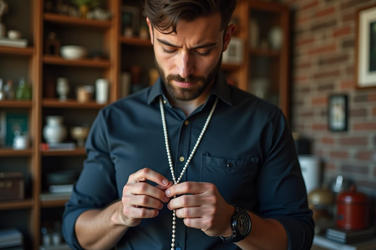 Jeune homme inspectant un collier de perles dans un magasin vintage