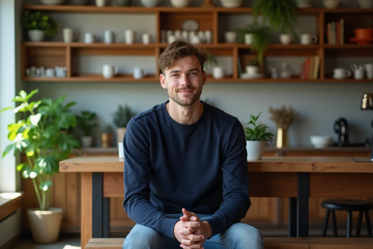 Jeune homme en denim dans un café cosy et lumineux