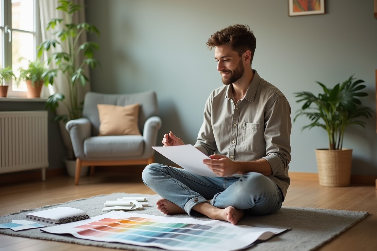 Jeune homme regarde des échantillons de peinture dans son salon
