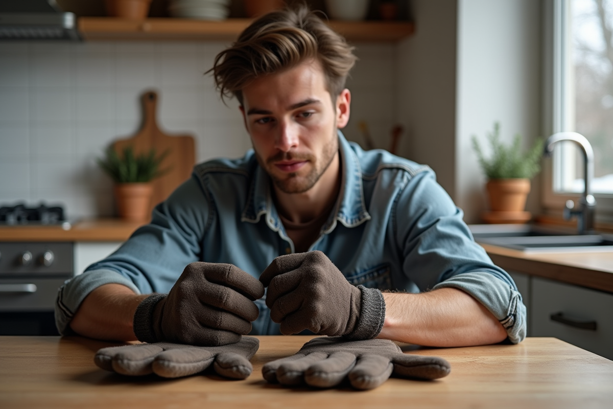 Jeune homme comparant deux gants d