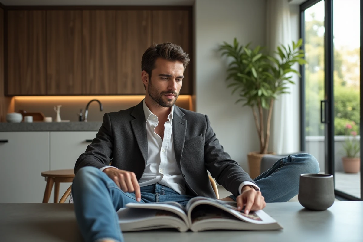 Jeune homme en blazer lisant un magazine dans la cuisine moderne
