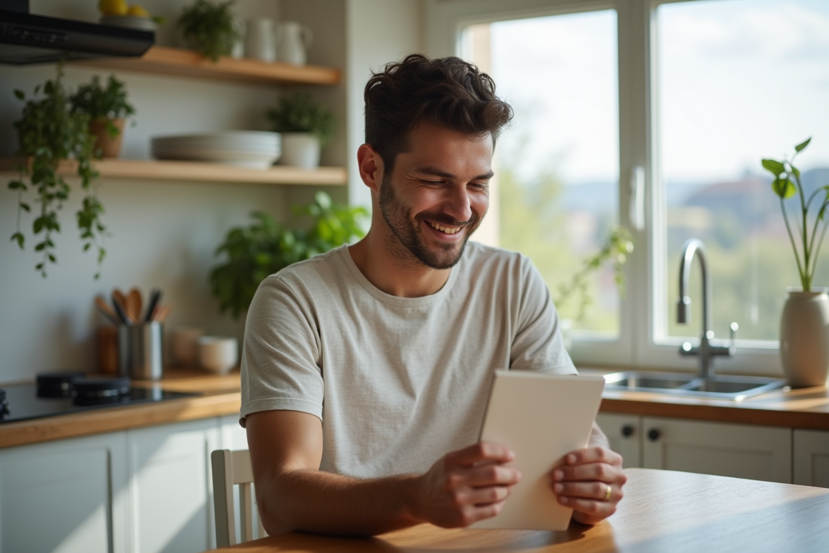 Jeune homme lisant un livret dans une cuisine lumineuse