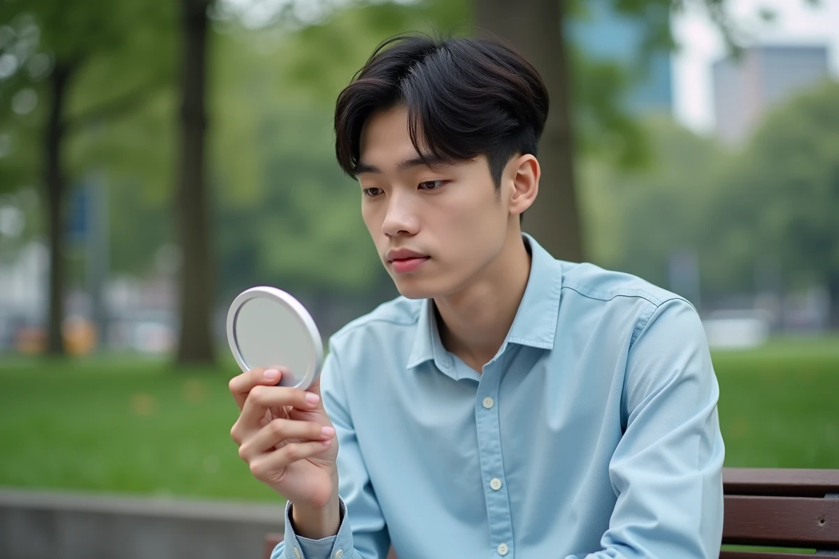 Jeune homme vérifiant son maquillage dans un parc urbain