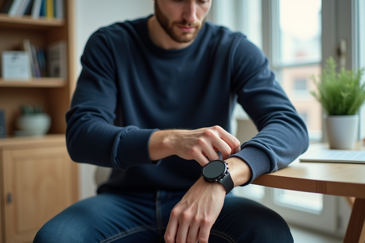 Jeune homme ajustant sa montre dans un bureau moderne