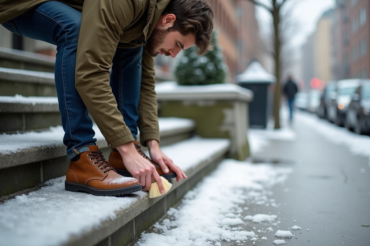 Jeune homme en parkas nettoie ses chaussures en ville