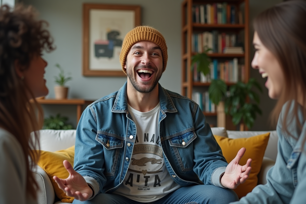 Jeune homme souriant avec des amis dans un salon moderne