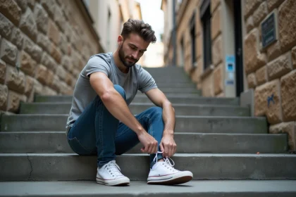 Jeune homme assis sur un escalier urbain en train de lacer sa sneaker