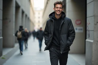 Jeune homme en streetwear noir dans une rue urbaine