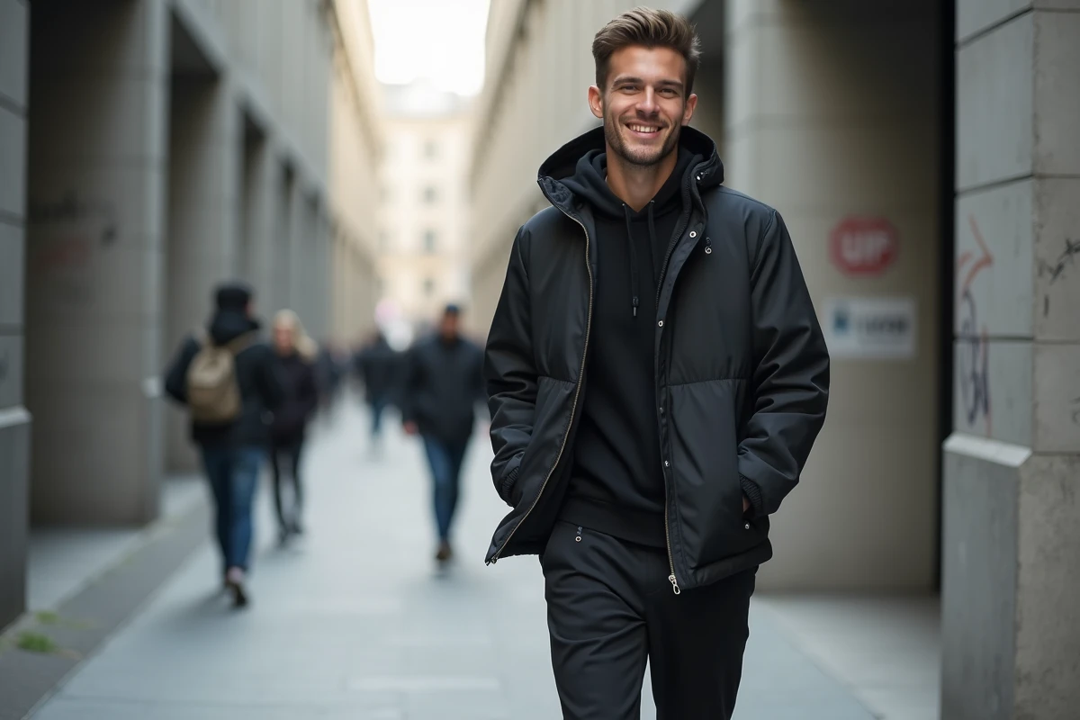 Jeune homme en streetwear noir dans une rue urbaine