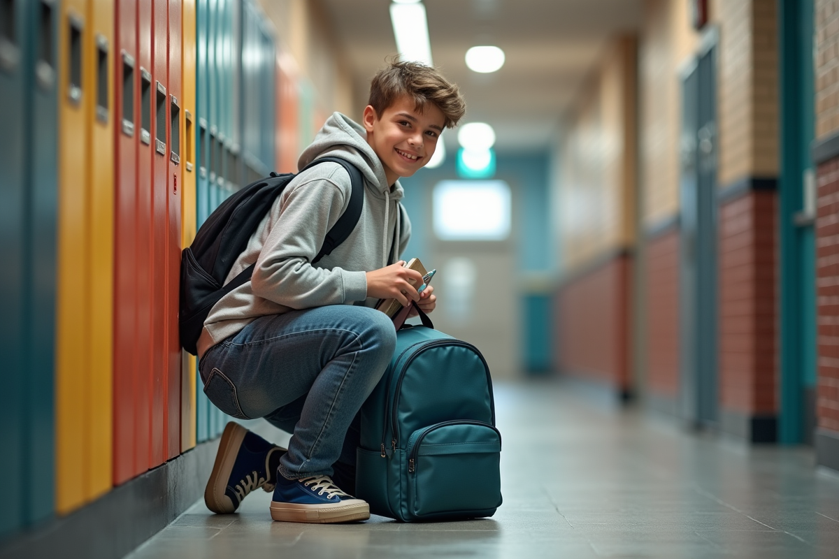 Jeune garçon rangeant ses livres dans un sac à l