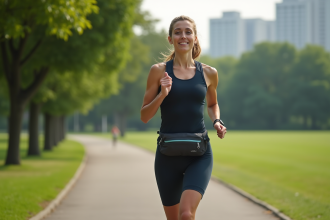 Femme courant dans un parc urbain verdoyant