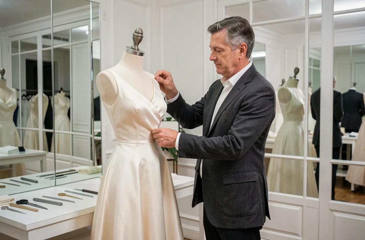 Créateur Julien Fournié ajustant une robe de haute couture sur mesure dans son atelier parisien