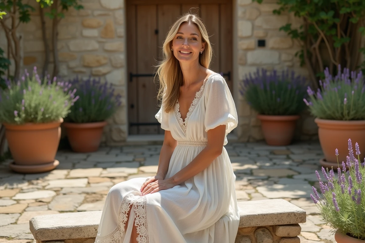 Femme assise dans une cour en pierre portant un jupon blanc en dentelle sous une robe en lin naturel