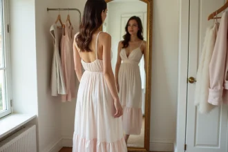 Femme en robe mi-longue portant un jupon blanc sous robe devant un miroir en laiton dans un dressing élégant