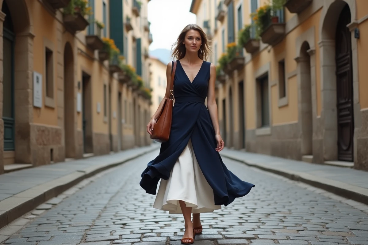 Femme marchant dans une rue pavée européenne avec un jupon blanc volumeux sous une robe portefeuille marine