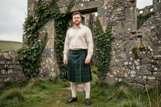 Homme portant un kilt irlandais vert tartan en laine devant les ruines d'un château irlandais en pierre
