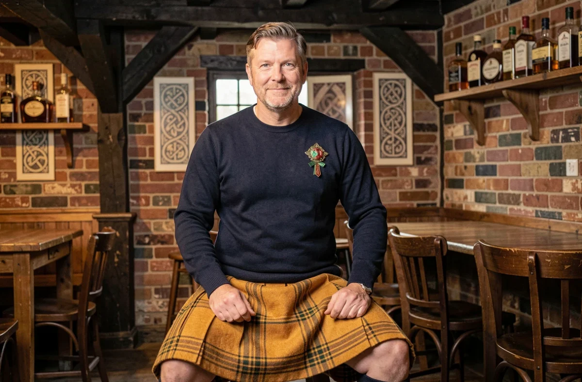 Homme assis en kilt irlandais safran dans un pub irlandais traditionnel avec brooch celtique