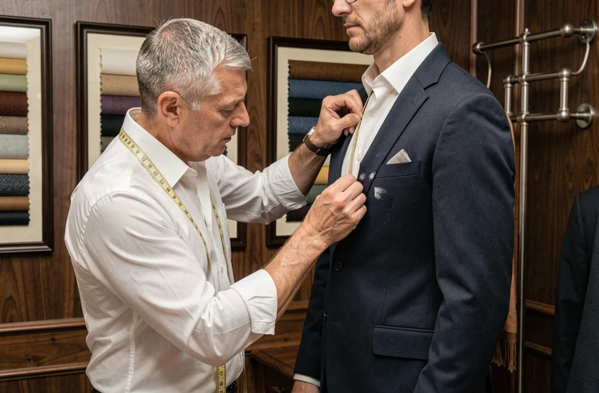 Tailleur spécialiste de la retouche masculine ajustant un costume sur un client à Paris