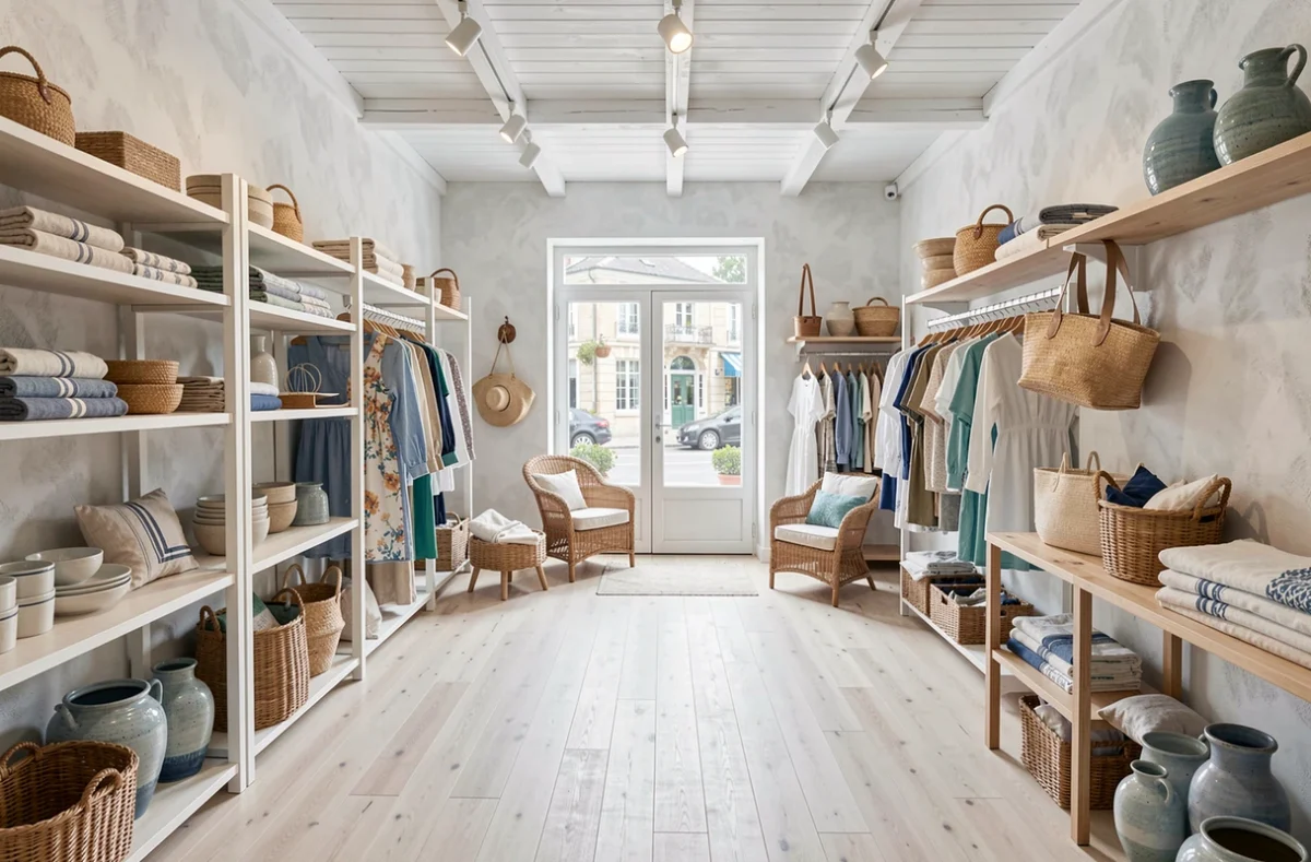 Intérieur aéré du concept store L.A. à La Baule avec mode balnéaire, accessoires lifestyle côtiers et décoration en lin naturel dans un espace blanc et bois blanchi