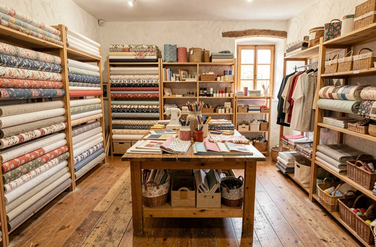 Intérieur de La P'tite Fabric à Chemillé-en-Anjou avec rouleaux de tissus imprimés en coton et lin sur des étagères en bois, mercerie artisanale et kits de couture dans un atelier chaleureux