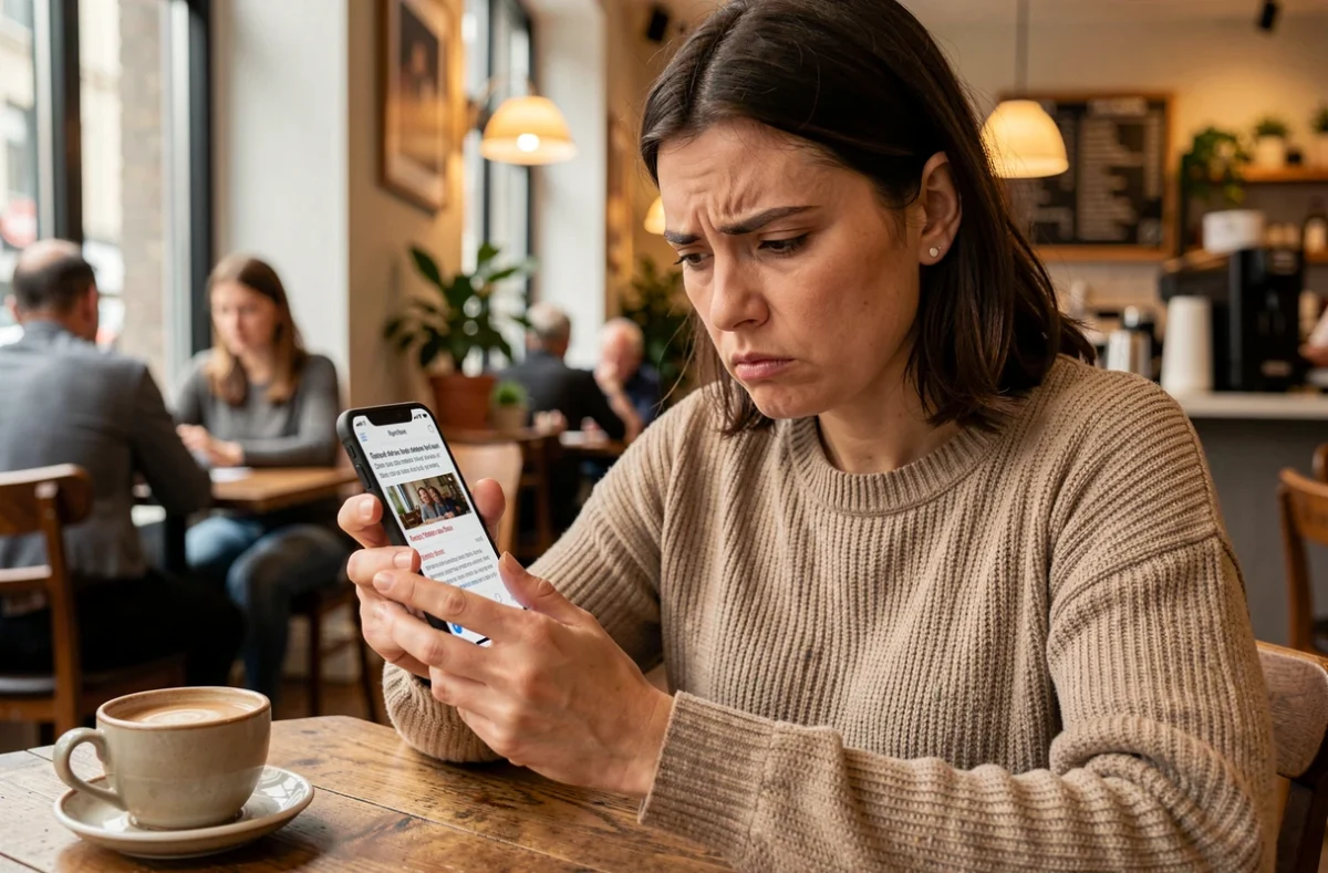 Femme dans un café déçue par un article de blog illisible sur son smartphone