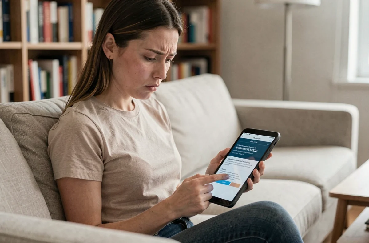 Lectrice désintéressée faisant défiler un blog mal conçu sur une tablette